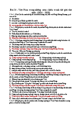 Câu hỏi trắc nghiệm Lịch sử 11 - Bài 24 Việt Nam trong những năm chiến tranh thế giới thứ nhất (1914-1918)